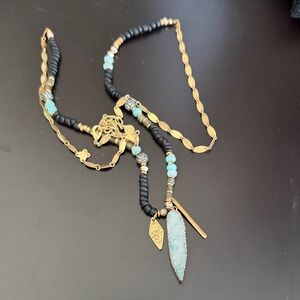 Stella and Dot Black and Gold Necklace with Turquoise Accents
